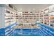 Finished basement with blue epoxy floors and white built-in shelving perfect for a comic book collection and relaxing with friends at 18725 Wychwood Pl, Noblesville, IN 46062