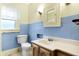 This bathroom features blue tile on the walls, a wood vanity, and a white toilet at 403 Colescott St, Shelbyville, IN 46176