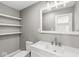 Chic bathroom featuring a modern vanity, large mirror and ample shelf space at 2421 E 11Th St, Indianapolis, IN 46201