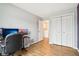 Bedroom with built-in closet and view of the upper level at 6354 River Run Dr, Indianapolis, IN 46221