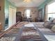 Cozy bedroom featuring neutral-toned walls, a large bed with patterned bedding, and a functional desk area by the bright window at 1515 Ringgold Ave, Indianapolis, IN 46203