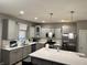 Modern kitchen with stainless steel appliances, gray cabinets, and a large island with bar seating at 253 Darrough Dr, Greenwood, IN 46143