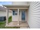 Inviting covered porch featuring a blue front door, window with shutters and 'Welcome' mat at 411 Red Tail Ln, Indianapolis, IN 46241