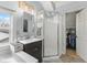 Updated attic bathroom featuring a modern vanity, a sleek shower, and bright lighting, for a contemporary and comfortable feel at 4131 N County Road 500 E, Danville, IN 46122