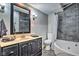 Bathroom featuring a single sink vanity, tile flooring and shower/tub combo at 4030 W 193Rd St, Westfield, IN 46074