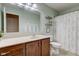 Bathroom with a white patterned shower curtain, a single sink vanity, and a mirror on the wall at 8218 Elsen Ridge, Avon, IN 46123