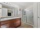 Well-lit bathroom featuring double sinks, wooden cabinets, a large mirror, and a glass-enclosed shower at 7211 Beal Ln, Indianapolis, IN 46217