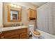 Bathroom with tan walls, wooden vanity and cabinets, and a white and black striped shower curtain at 901 Detroit St, Beech Grove, IN 46107