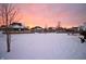 Snow-covered backyard with fences, bare trees, and neighboring houses under a pink-hued sky at 1169 Richmond Ln, Greenwood, IN 46143
