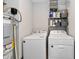 Functional laundry room with modern washer and dryer units with metal shelving and organization units at 28 Lively Pl, Cicero, IN 46034