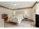 Bright bedroom features patterned carpet, decorative trim, floral bedding, and matching bedside tables at 8316 Hill Gail Dr, Indianapolis, IN 46217