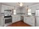 Modern kitchen featuring stainless steel appliances, light gray cabinets and elegant backsplash at 518 E College Ave, Brownsburg, IN 46112