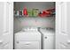 Convenient laundry room with a washer, dryer, and shelving for organization at 602 E Beecher St, Indianapolis, IN 46203