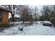 A snow-covered backyard featuring a vintage car among overgrown bushes and bare trees at 1621 Indiana Ave, Anderson, IN 46012