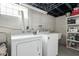 Functional laundry room with a washer, dryer, and shelving for storage at 5444 Carrollton Ave, Indianapolis, IN 46220