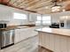 Kitchen with stainless steel appliances, wood ceiling, and white cabinets at 205 S Market St, Thorntown, IN 46071