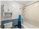 This cozy bathroom features a shower-tub combo with blue tile accents and a white cabinet at 2207 Rome Dr # B, Indianapolis, IN 46228