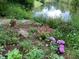 Scenic backyard featuring lush greenery, vibrant flowers, and a serene pond at 3370 Walnut Creek Ct, Carmel, IN 46032