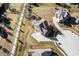 An aerial view showcases the property's location on a cul-de-sac with a long driveway and backyard basketball court at 4431 Hickory Stick Row, Greenwood, IN 46143
