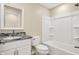 Bathroom features a shower-tub, granite vanity top, and a white framed mirror at 6775 W Woodcrest Dr, Greenfield, IN 46140