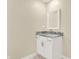 Bathroom features a gray granite vanity top, white cabinets, and framed mirror at 6775 W Woodcrest Dr, Greenfield, IN 46140