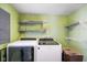 Convenient laundry room equipped with a washer, dryer, and shelving at 1001 N 750 W, Bargersville, IN 46106