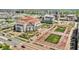 Aerial view of a city center showcasing manicured gardens, walkways, and surrounding buildings at 502 Ironwood Dr, Carmel, IN 46033