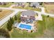 Aerial view showcasing backyard with covered pool, patio with furniture, and well-maintained lawn surrounded by neighborhood homes at 1032 Westview Point Dr, Columbus, IN 47201