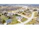 An aerial view shows a neighborhood with a lake and a two-story home with an in-ground pool at 1032 Westview Point Dr, Columbus, IN 47201