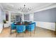 Bright dining room with wainscoting, seating for eight, modern lighting and view of the backyard at 1032 Westview Point Dr, Columbus, IN 47201