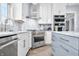 Modern kitchen featuring stainless steel appliances, a marble backsplash, and white cabinets, offering a sleek design at 1032 Westview Point Dr, Columbus, IN 47201