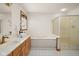 Bright bathroom features a tub, walk-in shower, and vanity with wood drawers at 1086 Pebble Brook Dr, Noblesville, IN 46062