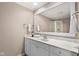 Clean bathroom with a large mirror, white vanity, and glass shower door at 1086 Pebble Brook Dr, Noblesville, IN 46062