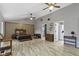 Large primary bedroom features vaulted ceiling, modern ceiling fan and great natural light at 3645 Glencairn Ln, Indianapolis, IN 46205