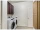 A convenient laundry room with a washer, dryer, storage cabinets, and tile flooring at 660 Overcup St, Westfield, IN 46074