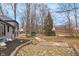 The backyard features stone landscaping, a shed, and mature trees, offering a serene outdoor space at 11035 W Lakeshore Dr, Carmel, IN 46033