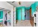 Bedroom showcasing a loft bed with shelves and ladder, and two colorful doors at 1135 Sherwood Dr, Danville, IN 46122