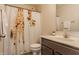Bathroom with a single sink vanity, toilet, and shower with a giraffe-themed shower curtain at 5303 Brandywine Dr, Whitestown, IN 46075