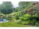Beautiful backyard with lake view, lush greenery, beautiful plants and a kayak at 6045 Channel Dr, Columbus, IN 47201