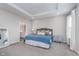 Inviting bedroom showcasing a tray ceiling, neutral decor, and a comfortable bed with stylish throw pillows at 1051 Macoun Dr, Westfield, IN 46074