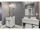 Gray bathroom features modern mirrors, and white vanities at 4804 Brouse Ave, Indianapolis, IN 46205