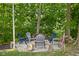 Cozy fire pit area with Adirondack chairs and natural wood seating nestled in a wooded setting at 6504 W May Apple Dr, McCordsville, IN 46055