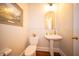 Cozy powder room features a pedestal sink, decorative mirror, and elegant fixtures at 10120 Fox Trce, Zionsville, IN 46077