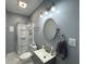 Bathroom with glass enclosed shower, modern vanity, light fixture and round mirror at 1566 Dorset Dr, Avon, IN 46123