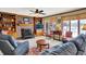 Bright living room featuring a fireplace, built in bookcase, and large windows at 1852 Lakeside Ln, Indianapolis, IN 46229