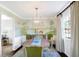 The charming dining room has a decorative mural, chandelier, and wood table with seating for four at 908 Whispering Trl, Greenfield, IN 46140
