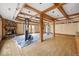 Spacious exercise room with wooden beams and a stone fireplace at 5400 W Deer Run Ct, Muncie, IN 47304