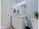 Clean bathroom featuring blue walls, tiled floors, and modern fixtures, providing a fresh and functional space at 5415 Honey Comb Ln, Indianapolis, IN 46221