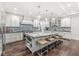 Modern kitchen featuring a large center island, pendant lighting, state-of-the-art appliances, and dark hardwood floors at 720 S Rangeline Rd # 601, Carmel, IN 46032