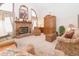 Spacious living room with vaulted ceilings, arched windows, and a classic brick fireplace at 1232 Severn Ct, Greenwood, IN 46142